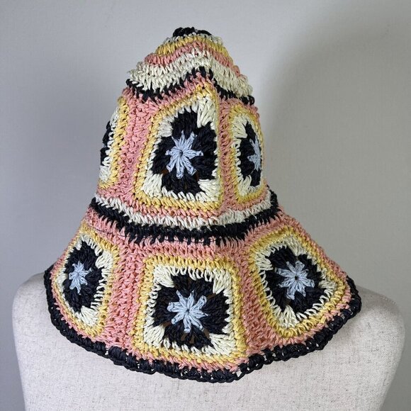 O'Neill Nadie Hat Women’s Crochet Sunhat Bucket Pink Blue Granny Square Beach - Picture 3 of 6